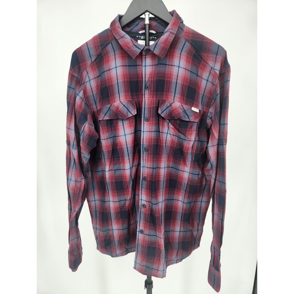 Columbia Omni-Shade Mens Plaid Long Sleeve Button Down Shirt Red Navy Large